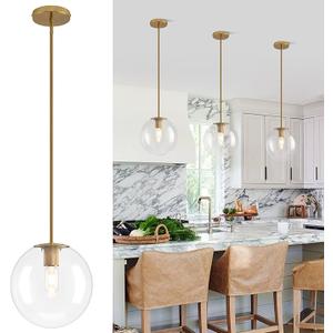 10in Globe Glass Pendant Light, Mid Century Modern Pendant Lights Kitchen Island, Brass Fininsh Hanging Light Fixture for Dining Room Over Table Sink Hallway, Gold & Clear 1 Pack