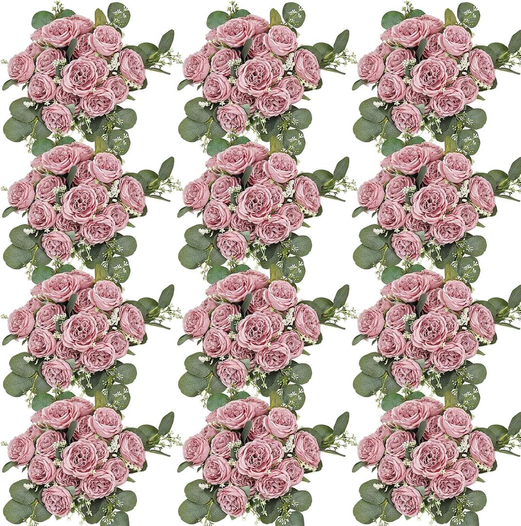 Peonies Artificial Flowers Bulk, 12 Bundles Fake Silk Peonies Faux Eucalyptus Bouquet Realistic Peony Floral Arrangement for Wedding Table Centerpiece Vase Decor (Dusty Pink)