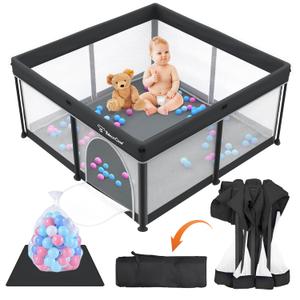 Taleco Gear Foldable Baby Play Pen with Mat, 50''x50'' Playpen for Babies and Toddlers, Playpen for Baby with Gate, Breathable,Foldable Travel Play Pen with 50 Ocean Balls (Black)