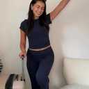 ZFLM Casual Workout Two Piece Outfits for Women Short Sleeve Crop High Waist Foldover Flare Pants Tracksuit Sets Streetwear (S)