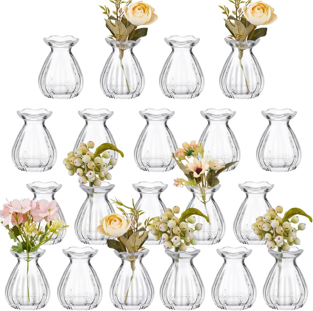 20 Pieces Glass Bud Vases for Centerpieces Bulk 3.5 Inch Mini Flower Bouquets Vases Small Cute Crystal Ribbed Glass Bud in Bulk for Wedding Baby Bridal Shower Table Party Home Decor (Clear)