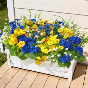 16 Bundles Artificial Flowers for Outdoors, UV Resistant Silk Faux Flowers for Outside Planters,Garden,Porch,Patio,Yard,Home Decor(Blue&Yellow)