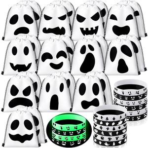 48 Pcs Halloween Goodie Candy Bags Glow in The Dark Ghost Silicone Wristband Halloween Trick or Treat Bags for Party Favors for Gift Wrapping Party Supplies