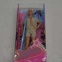 Barbie The Movie Ken Doll Wearing Pastel Pink and Green Striped Beach Matching Set with Surfboard and White Sneakers