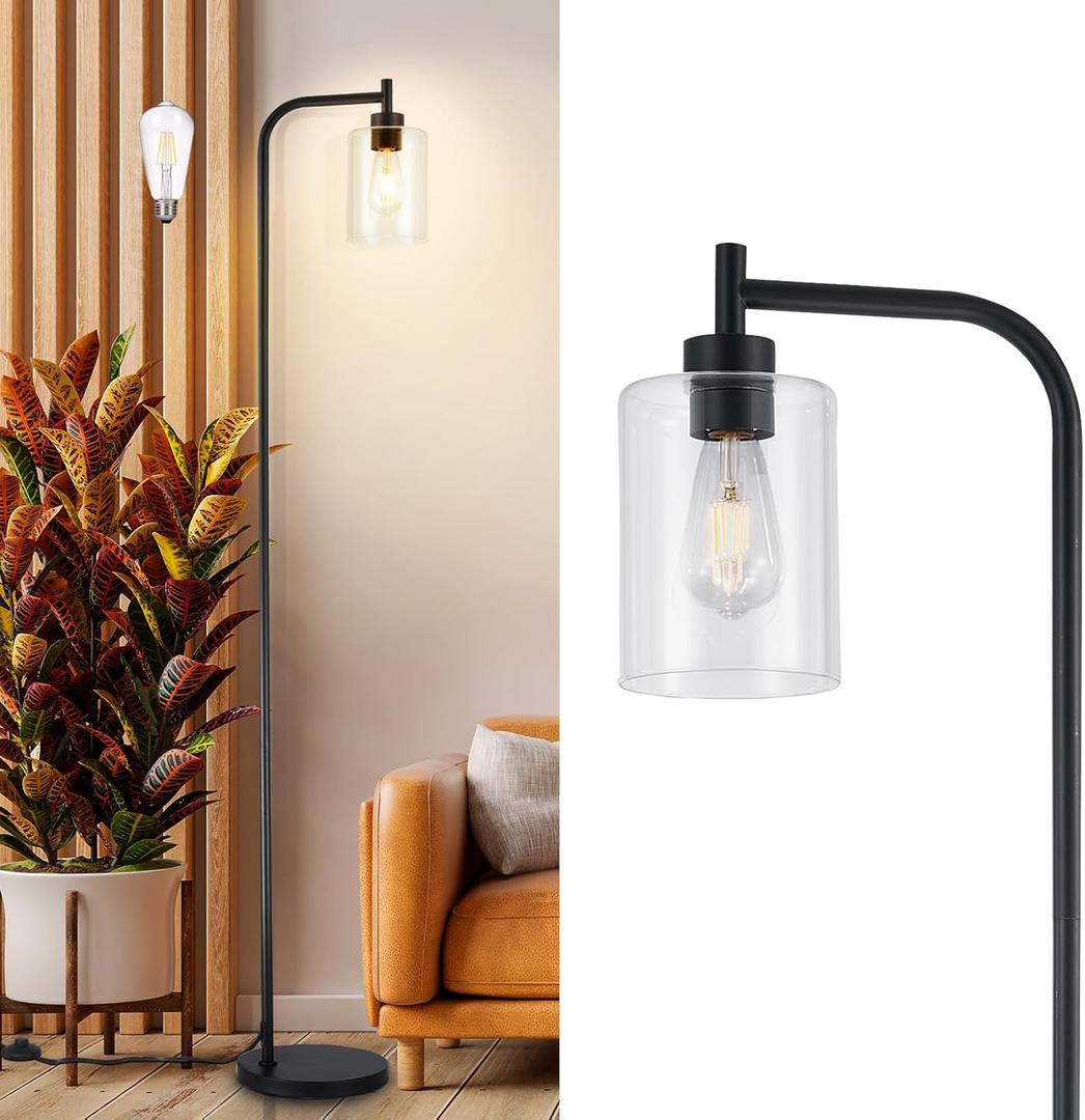 DLLT Floor Lamp Tall for Room: Black Standing Lamp with Clear Glass Lampshade for Living Room - Modern Bright Lamp for Bedroom - Industrial Corner Floor Lamps for Office 8W Led Bulb Included (Black-BF)