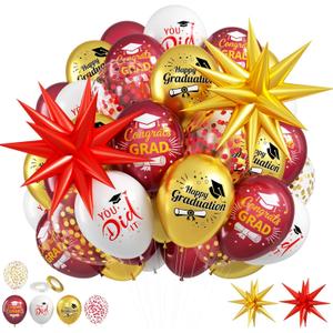 Red and Gold Graduation Balloons, 51 PCS Congrats Grad Balloons, 22 Inch Gold Red Star Foil Balloon and 12 Inch Grad Confetti Latex Balloon for College High School 2026 Graduation Decorations
