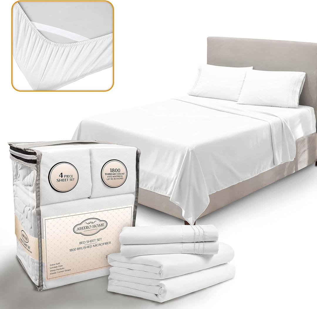 King Size Sheets Set Cooling - Luxury Hotel Sheets - Soft Bed Sheets with Elastic Corner Straps - Deep Pockets Microfiber Bedsheet - Bedding Sheets & Pillowcases - 4 Piece (King, White)
