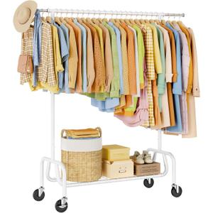 Heavy-duty Clothing Rack with Wheels, Rolling Clothes Rack, Clothes Racks for Hanging Clothes, Metal Standing Garment Racks, White