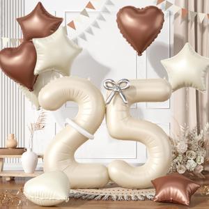 25 Cream White Balloons, 25 Number Balloons Set, Beige Number 25 Balloons, Brown Sand White Foil Star Heart Balloon With Long Balloon For 25th 52nd Birthday Party 1st 5th Baby Shower Decor