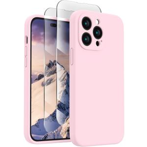 FireNova for iPhone 14 Pro Case, Silicone Upgraded [Camera Protection] Phone Case with [2 Screen Protectors], Soft Anti-Scratch Microfiber Lining Inside, 6.1 inch,Chalk Pink