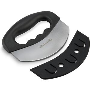 Checkered Chef Salad Chopper Tool with Cover, Mezzaluna Knife Stainless Steel Vegetable Rocker, Mincer, Cutter