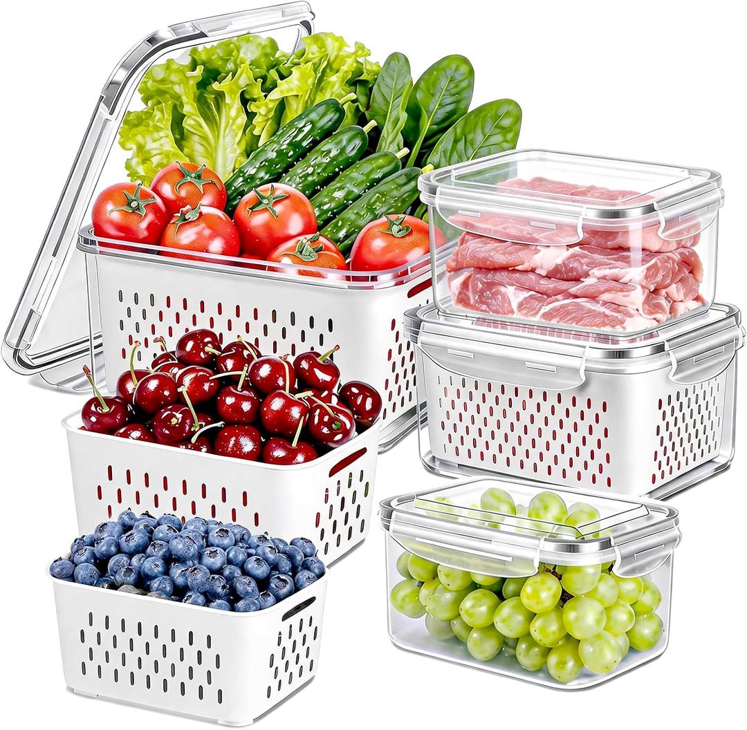 8 Pieces Fruit Storage Container for Fridge, 4Pack Plastic Fruit Containers for Fridge with Removable Colander, Container for Fruit Berry Salad Lettuce, BPA Free Kitchen Refrigerator Organizers