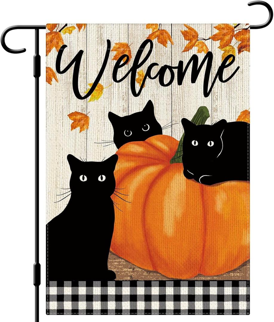 DLZDN Fall Black Cat Garden Flag Thanksgiving Garden Flag Autumn Pumpkins Welcome Yard Flag 12x18 Inch Vertical Double Sided Farmhouse Holiday Outside Decoration Burlap Yard Flag