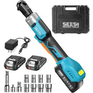 Seesii 3/8" Cordless Electric Ratchet Wrench, 60 ft-lbs (80Nm) High Torque, 21V Max, 2×2.0Ah Batteries, 0–300 RPM Variable Speed, Fast Charger, 10–17mm Socket Set, Extension Bar & Carry Case