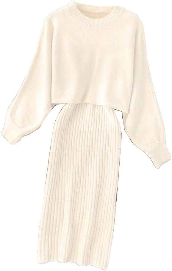Women Midi Dress Knitted Pullovers Suits Spring Winter O-Neck Long Sleeve Knitted Pullovers Solid Knitted Dress Set (Small, Beige)