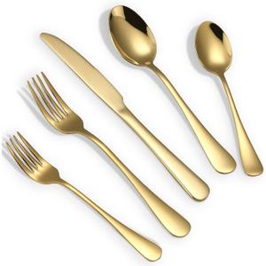 Briout Gold Silverware Set, 20 Piece Golden Cutlery Set Service for 4, Stainless Steel Flatware Set Include Spoons Forks Knives Tableware Utensil Set for Kitchen Home Restaurant, Shiny Gold Polished