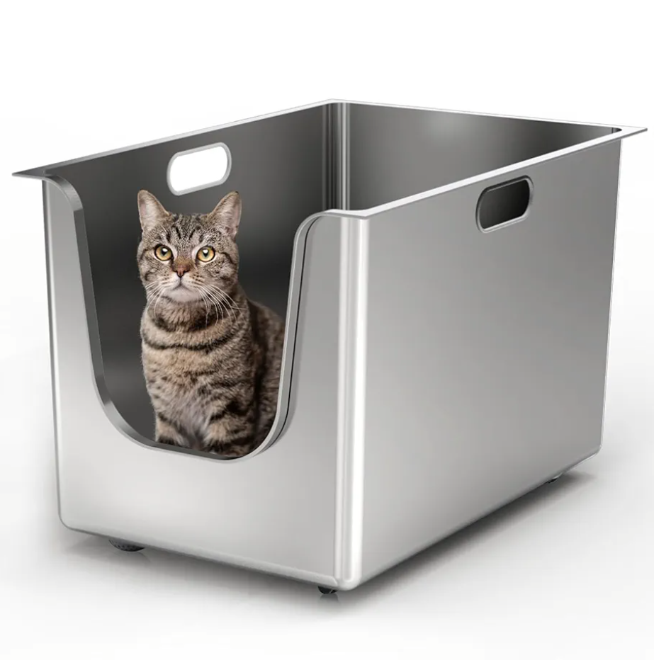 Stainless Steel Litter Box 13.7'' High Sides, XL Metal Cat Litter Box with Curved Low Entry, Cat Litter Pan for Big & Multiple Cats, Pet Toliet with Handy Wheels for Easy Moving