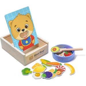 Bimi Boo Wooden Feeding Toy - Montessori Pretend Play Food Set for Toddlers 1-4+ - Fine Motor Skills Scooping Toy for Kids (27 Various Foods, a Spoon, Bowl)