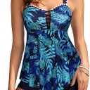 Kate Kasin Women's Tankini Swimsuit 2025 Tummy Control 2 Piece Bathing Suit Flowy Floral Print Swim Tank Top with Boyshorts (Large, Navy Blue Leaf)
