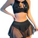 HHX Womens Lingerie Faux Leather Garter with Underwire Push Up Bra and Chain Lace Teddy Bodysuit (Small, Metallic Black)
