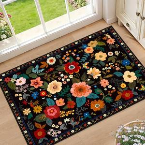 RELEANY Floral Nursery 2x3 Area Rugs Washable Print Boho Cute Carpet Non Slip Flower Low Pile for Living Room Kids Girls Playroom Bedroom Kitchen Office Farmhouse-Black