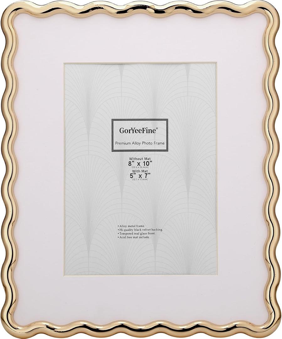8x10'' Heavy-Duty Zinc Alloy Gold Photo Frames with Acid Free Mat for 5x7'',Wave Design Gold Picture Frame 8x10'' with Black Velvet Backing,for Desktop and Wall Hanging