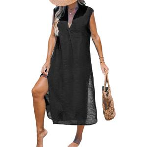 CUPSHE Women's Bathing Suit Cover Up Casual Sleeveless Side Split Long Cardigans Midi Beach Dress Black, M