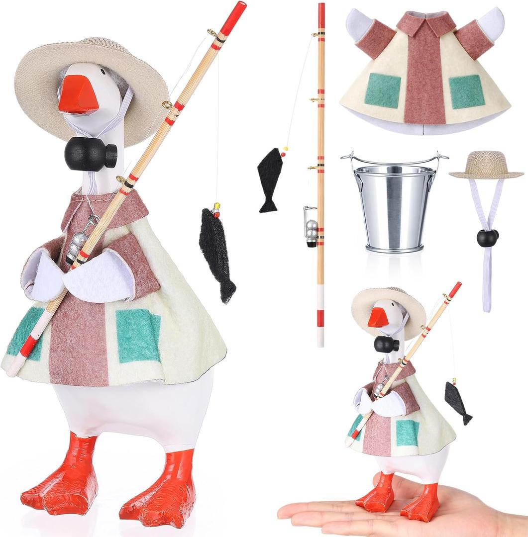 7 Inch Desk Goose Outfits Fishing Duck Costume Set Fieldsmen Clothes Mini Straw Hat Fishing Rod and Bucket for 7 Inch Goose Duck Statue Funny Decor Accessories Home Decoration