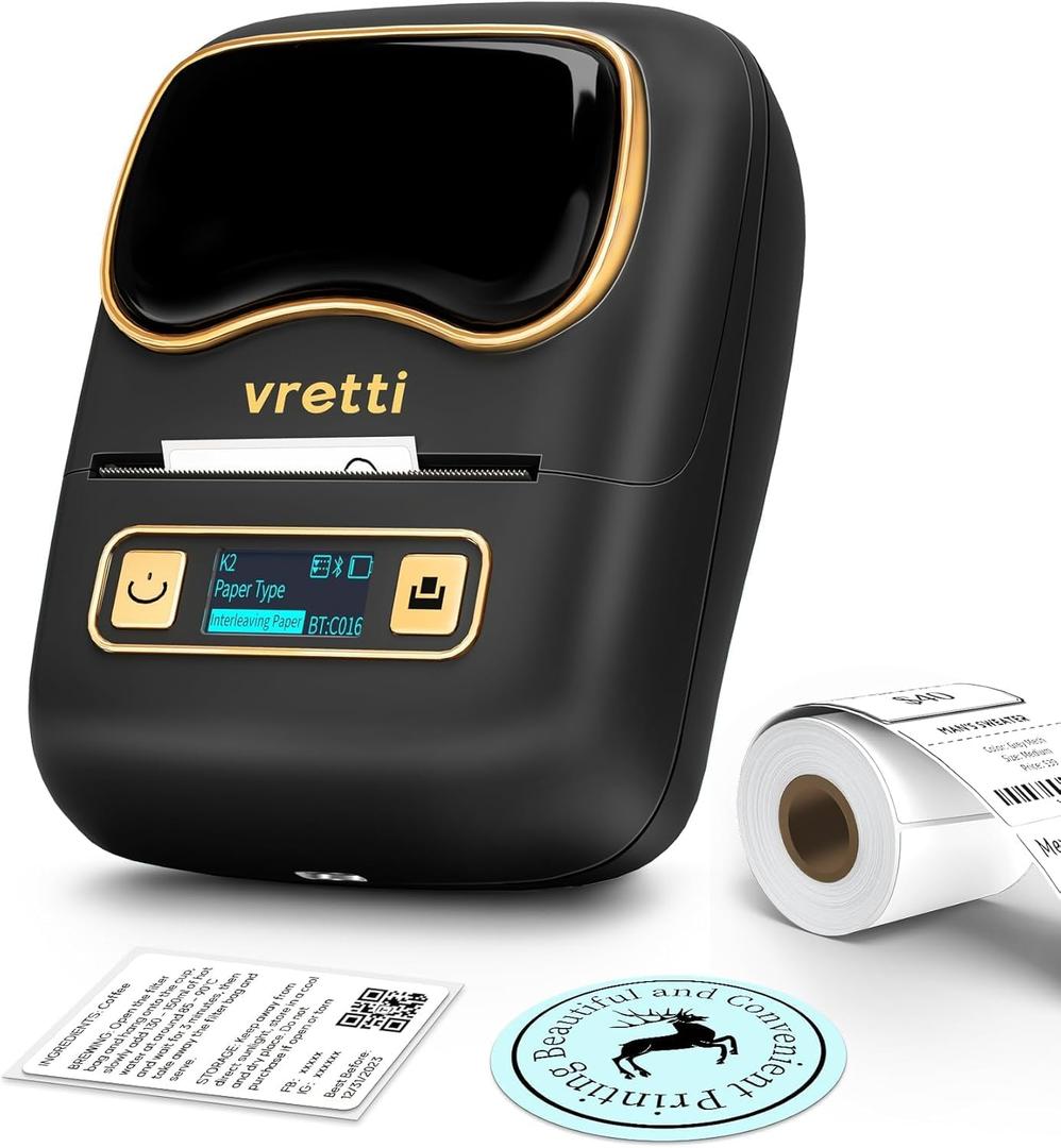 vretti Label Maker Machine with Tape, 2 Inch Labels Printer, K2 Bluetooth Label Makers, Thermal Labeler for Clothes Address Barcode Logo Waterproof, Easy to Use, Fits Office Home School Gift - Black