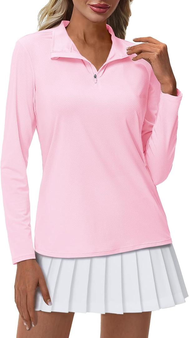 MAGCOMSEN Women's Quarter Zip Pullover Long Sleeve UPF 50+ Rashguard Golf Sun Protection Shirts Quick Dry Workout Tops (Pink, XL)