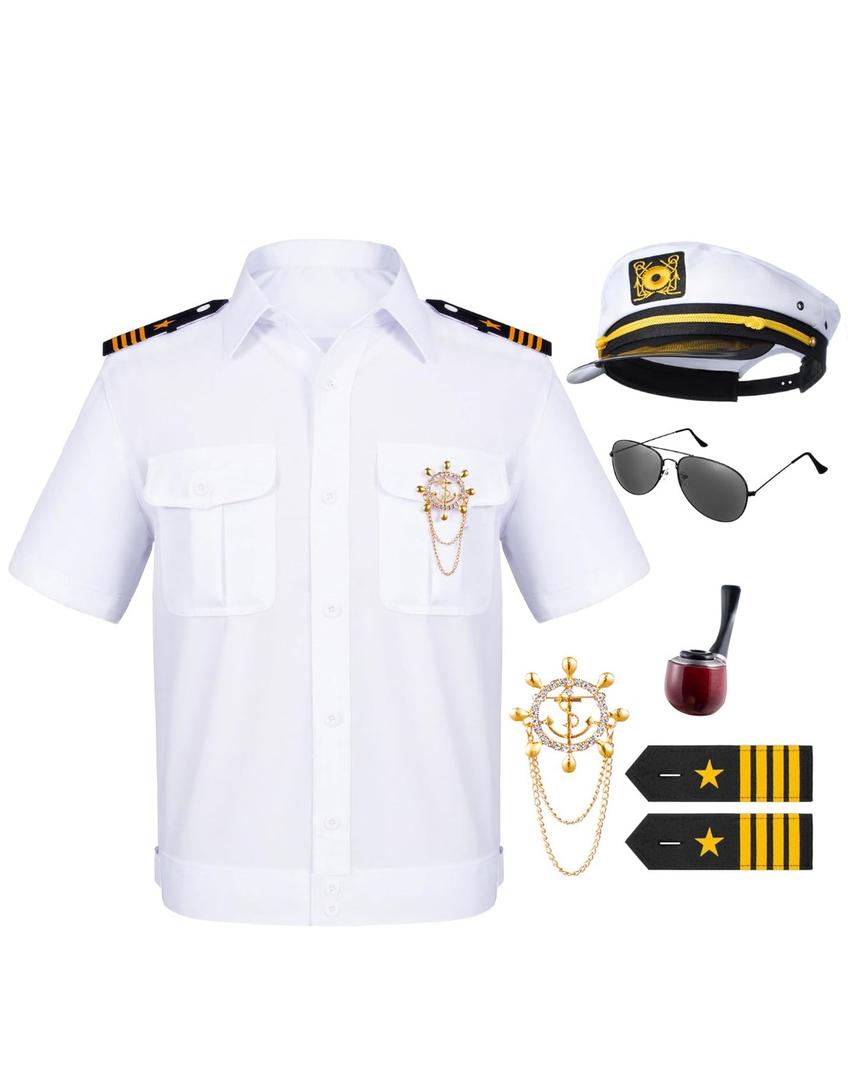 6PCS Men's Yacht Captain Sailor Costume Adult Shirt Hat Accessories Set Party Cosplay 170 Small