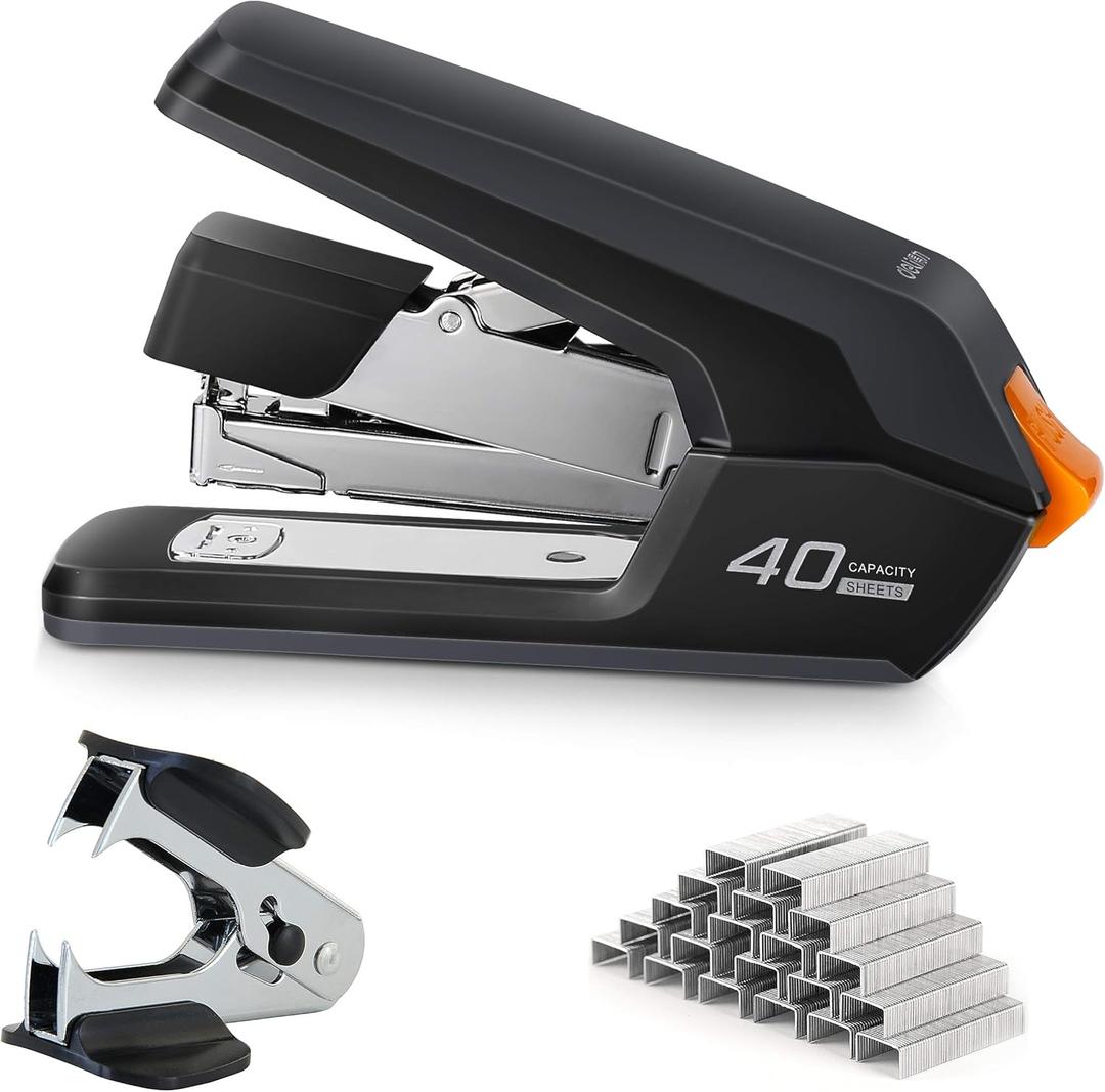 Deli Effortless Desktop Stapler, 40 Sheet Capacity, One Finger Touch Stapling, Easy to Load Ergonomic Heavy Duty Stapler, Includes 1500 Staples and Staple Remover (Black)