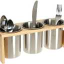 ZOOFOX 3 Pack Silverware Holder, Stainless Steel Utensil Organizer with Wood Base, Flatware Caddy for Spoons, Knives and Forks, Great for Kitchen Table, Cabinet, Pantry