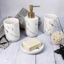 White Marble Ceramic Bathroom Set (4-Piece) - Elegant Soap Dish, Gold Pump Dispenser & Tumblers for Vanity, Sink & Bathroom Decor