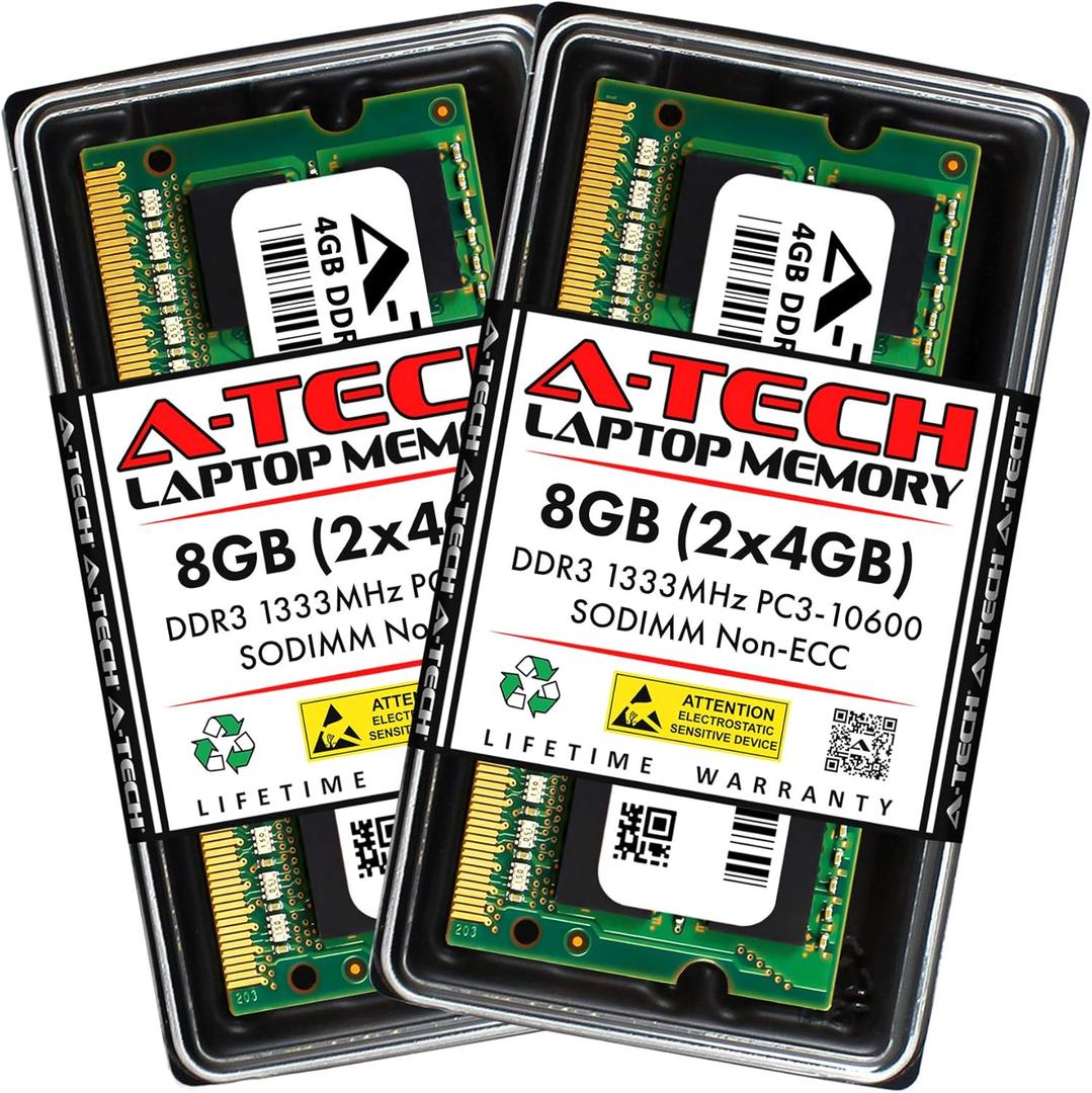 A-Tech 8GB (2x4GB) DDR3 1333MHz PC3-10600 CL9 SODIMM 204-Pin Non-ECC SO-DIMM Laptop, Notebook RAM Memory Modules