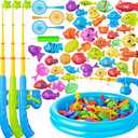 Magnetic Fishing Pool Toys Game for Kids Toddlers 3-5 4-8, Water Table Bathtub Toy with Inflatable Pool Pole Rod Net Plastic Floating Fish, Water Bath Pool Outdoor Toys for Kids Toddlers Baby