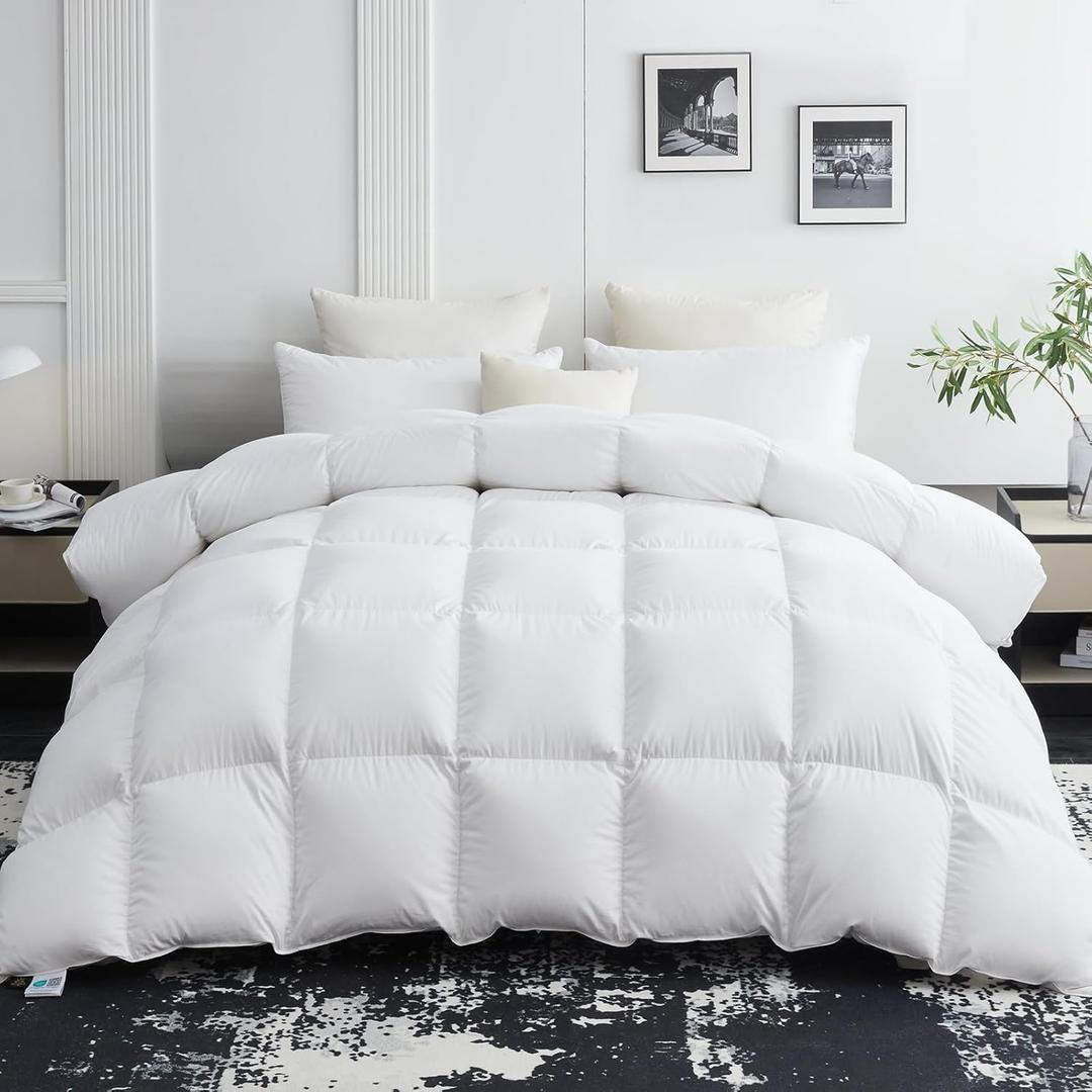 L LOVSOUL 75% Goose Down Fiber Comforter King Size, 850+ Fill Power Hotel Style Bedding Comforter, 1200TC, Fluffy Ultra Soft All Season White Duvet Insert with 8 Corner Tabs (King(106x90inches))