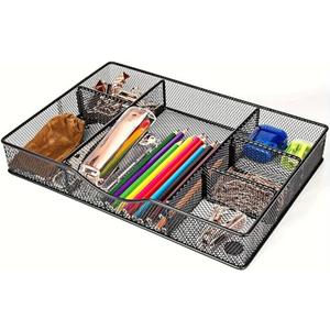 VyGrow Desk Drawer Organizer Tray, Metal Mesh Drawer Organizers Office, 6 Adjustable Compartment, Desk Organizer Tray for Home Office 12.87L x 8.73D x 1.96H inch, Black, 1PC Medium