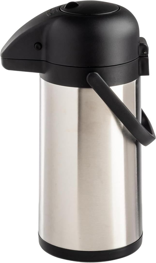 TableCraft 12658 Stainless Steel Airpot with Swivel Base, 2.5 L (84 oz), Matte Silver Finish, Vacuum Insulated, Lockable Hot and Cold Airpot with Handle, Push-Button Dispenser