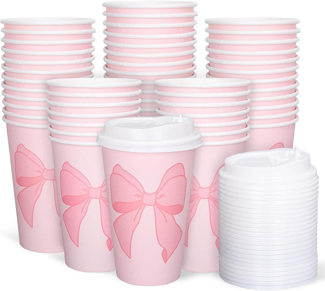 Whaline 50Pcs Pink Bow Coquette Coffee Paper Cups Valentine's Day Bowknot 16 Oz Disposable Cups With Lids For Hot Cold Drinks Birthday Baby Shower Bachelorette Party Supplies