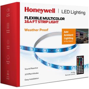 Honeywell 16.4ft Weatherproof 20-Color LED RGB Strip Light for Indoor and Outdoor Use, with Remote Control, Dimmable Lights, 4 Music Sync Modes, 8 Effects Modes