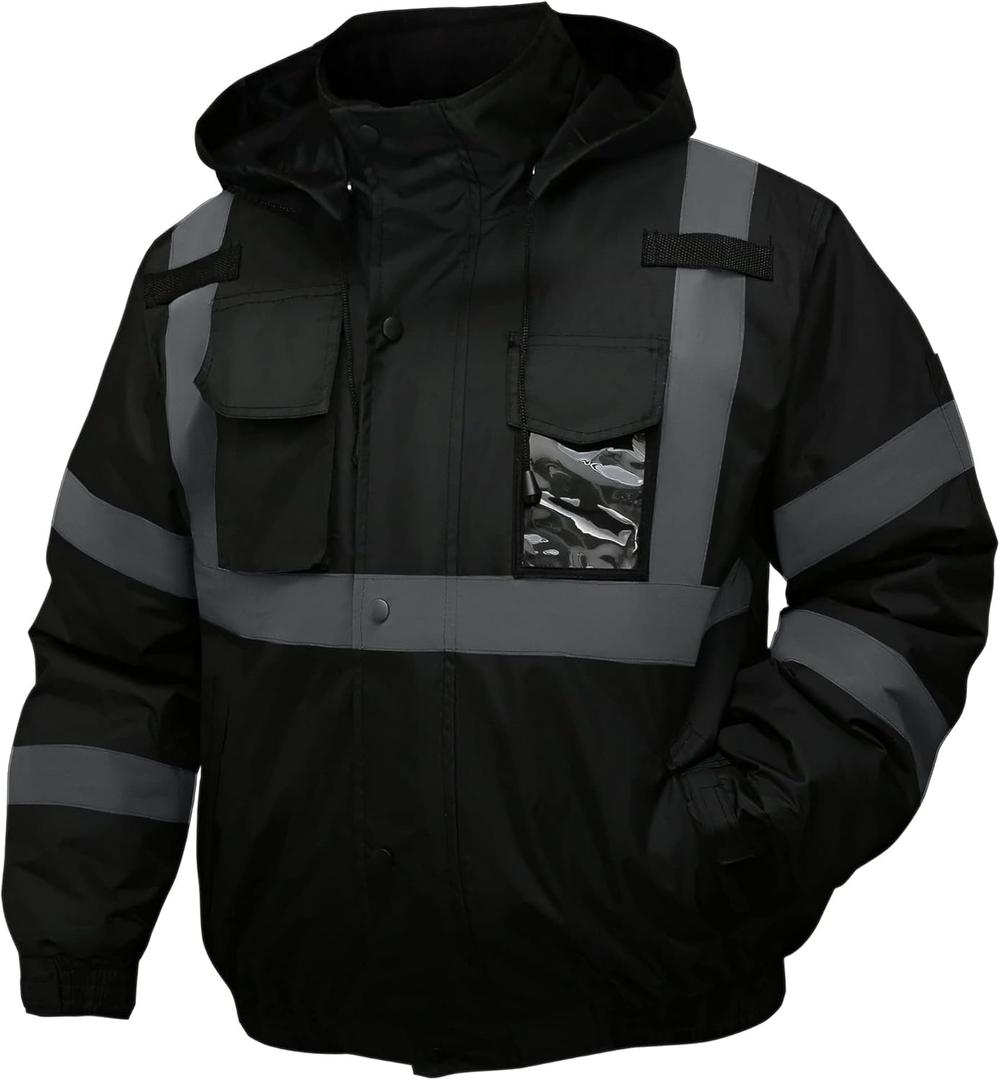 Safety jacket for men,Reflective high Visibility Hooded jacket,Hi-Vis Bomber Jacket with Pockets and Zipper,Waterproof,Black Bottom,ANSI/ISEA 107-2020 Type R Class 3,Black