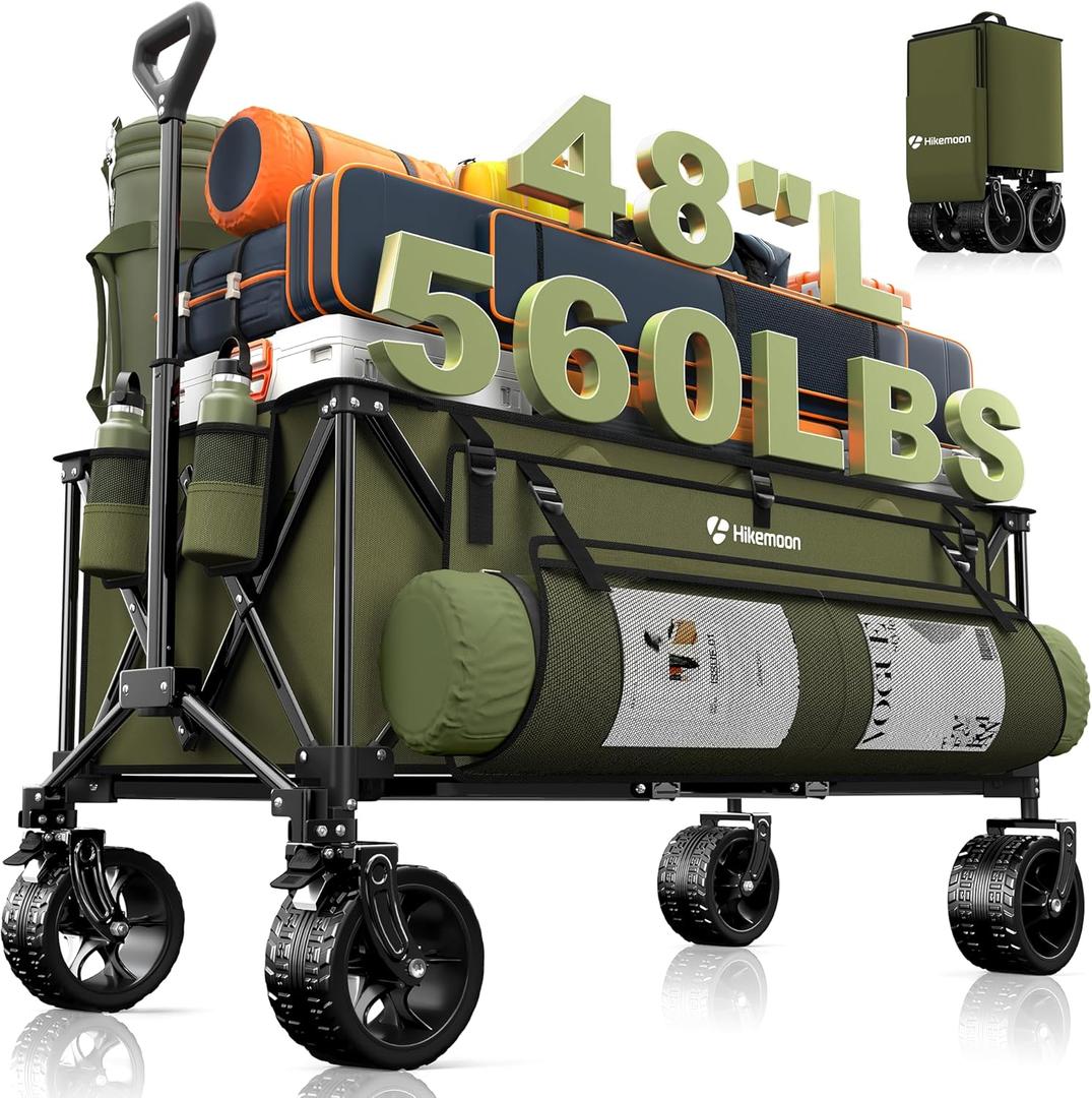 Hikemoon 300L Extra Large Wagons Carts Foldable, 560LBS Heavy Duty Collapsible Beach Wagon 48" Long with Big All-Terrain Wheels, Utility Folding Cart for Camping, Grocery, Sports, Garden, Green
