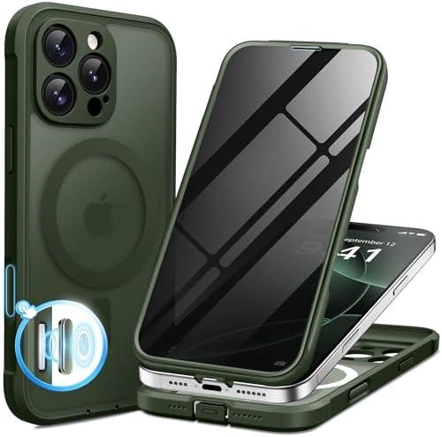 BERFY Magnetic for iPhone 16 Pro Max Case, Compatible with MagSafe, [Built-in 9H Tempered Glass Screen Protector & Camera Protection] Full Body Translucent Matte Phone case for 16 Pro Max, Deep Green