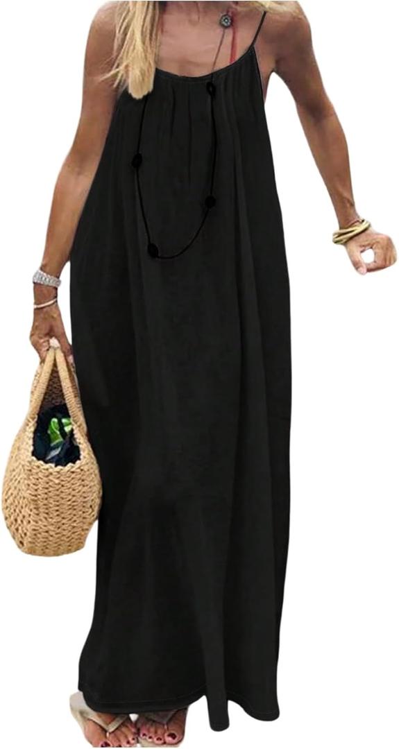 SHENHE Women's Open Back Spaghetti Strap Beach Maxi Dress Loose Flowy Vacation Sundress (Black) XS