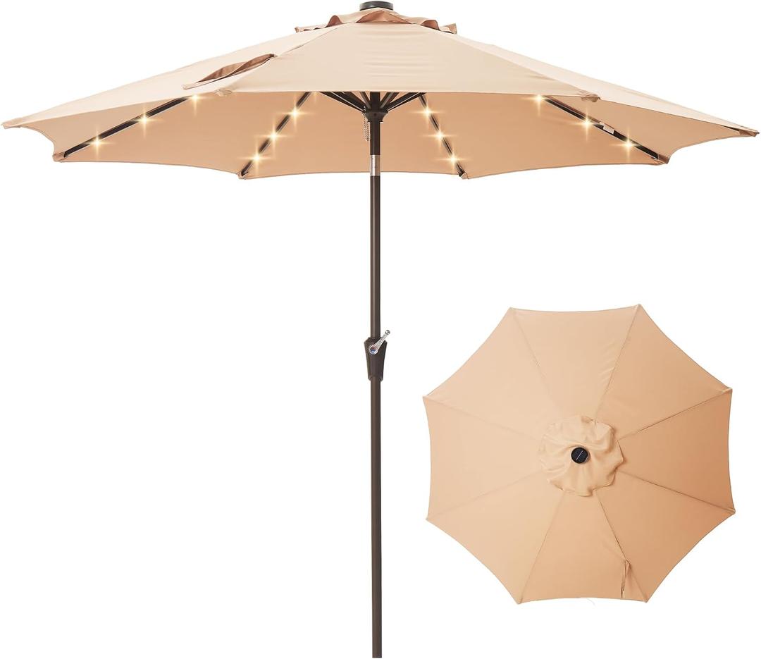 9FT Solar-Powered LED Patio Umbrella with Tilt Crank,Outdoor Market Umbrella with 32 Lights,Sunshade for Deck, Garden and Pool