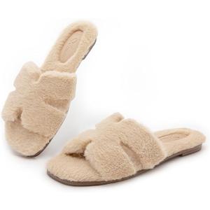 Athlefit Women's Fuzzy Slippers Cute Comfy Fluffy Open Toe Slip-on House Slide Slippers for Indoor Bedroom Bridesmaid, Khaki 7