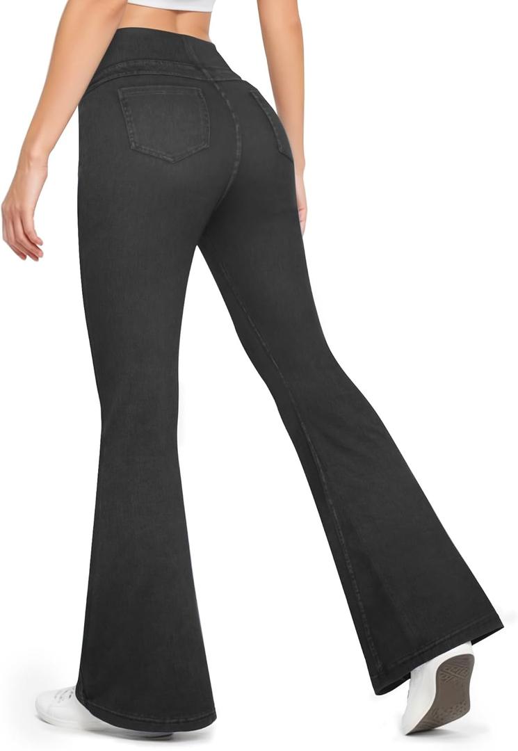 CLOZOZ High Waisted Flare Jeans for Women Stretchy Pull On 70s Bell Bottom Jean Pants Trendy Fashion Fitted Pant with Pockets (Medium, Denim Black)