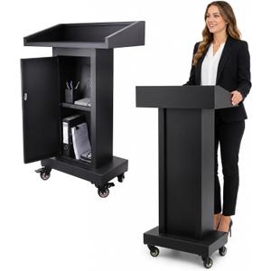 Metal Podium Lectern Stand - Heavy-Duty Podium with Wheels and Storage Cabinets Portable Pulpit for Church School Office Conference Black
