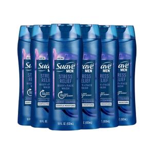 Suave Mens Stress Relief Body + Face Wash, Gentle Moisture with Lavender & Cedarwood All Day Fresh Scent, 18 oz, 6 Pack